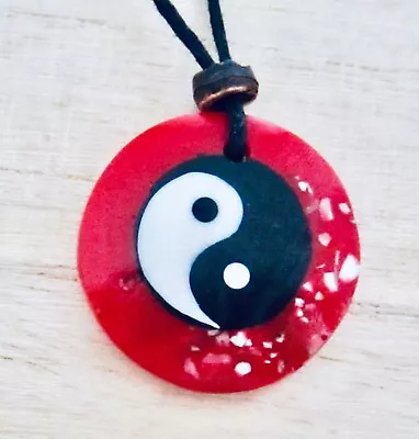 Yin Yang Necklace Pendant Adjustable Black Cord Resin Wood Bead Surf Mens Womens • $7.85