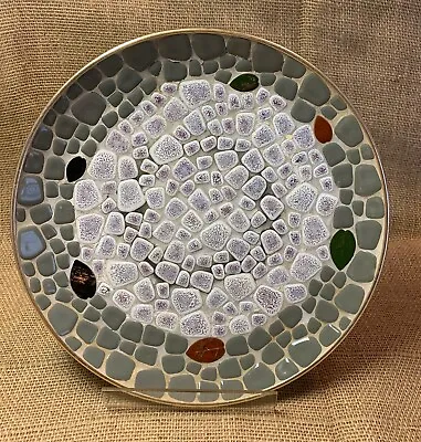 Mid Century 12  Round Mosaic Tray/ Plate Gray Lavender White And Leaf Tiles • $12.38