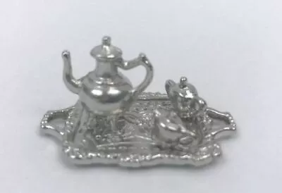 Dollhouse Silver Metal Tea Coffee Set 4 Piece Pot Sugar Creamer Tray Miniature • $3.95