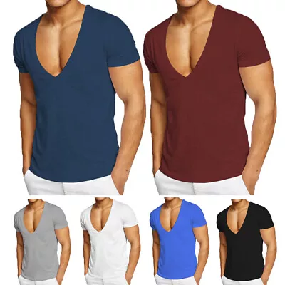 Mens Short Sleeve T-shirt Deep V Neck Sport Gym Muscle Bodybuilding Tee Tops • $13.97