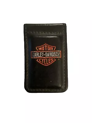 Harley Davidson Leather Bifold Money Clip Black & Orange Magnetic Made In USA • $35