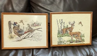 2 Vintage Finished Hand Crewel Embroidered Needlepoint Picture Framed Deer Birds • $29.99