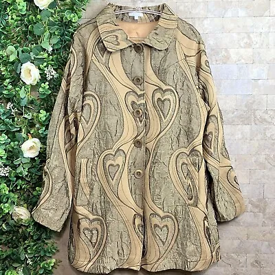 UbU Tapestry Heart Buttoned Art Wear Lagenlook Long Jacket Beige Tan Size Small • $72.99