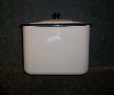 Vintage Beige Enamel Ware Rectangular Storage Container Knob Lid Black Trim • $22.50