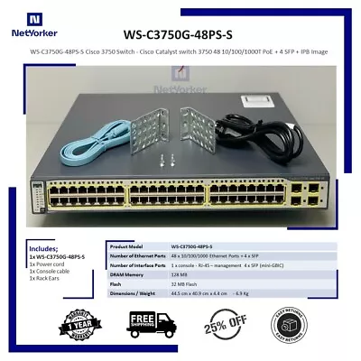 Cisco WS-C3750G-48PS-S 48 Port PoE 3750G Gigabit Switch - Same Day Shipping • $99.95