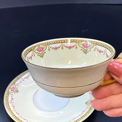 Antique Teacup  CUP & SAUCER A Lanternier Limoges Gold Handles Rose Garland • $18.99