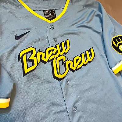 Nike Christian Yelich Milwaukee Brewers City Connect BREW CREW Sewn Jersey Sz 52 • $199.99