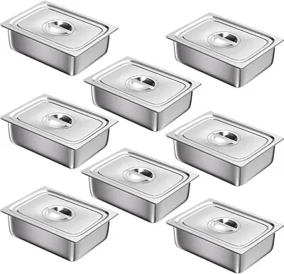 Commercial 8PC Half Size Steam Table W/ Lids 4 Inch Deep Stainless Chafing Pans • $93.49