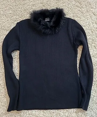 Women Vntg Real Rabbit Angora Fur Trim Turtleneck Pullover Sweater Black S • $19.99