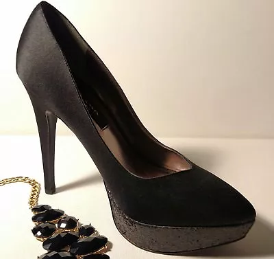 NINA Womans Sz7.5m Black Satin Glitter Platforms 5½inch Heels 1inch Platform • $22