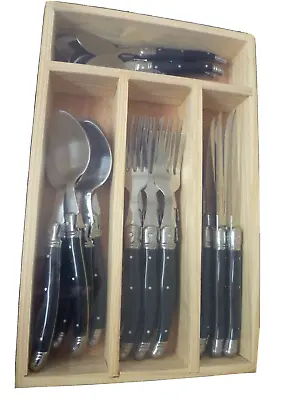 24 Piece Laguiole Bee Design Black Cutlery Set - Classy Design In A Wooden Box • £75