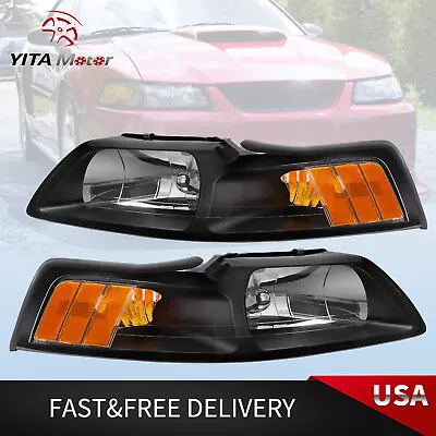 For 99-04 Ford Mustang Black Housing Amber Corner Headlights Replacement Lamps • $60.20