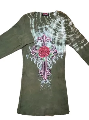 T Party Women's S Top Waffle Knit Green Tie Dye Rhinestone Graphic Long Sleeve • $15.30