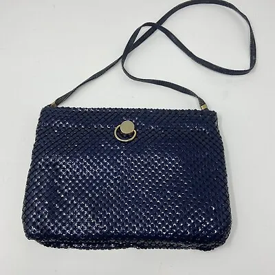 VTG 70s Navy Blue Metal Mesh Retro Shoulder Bag Clutch Hinged Stay Open Frame • $19.80