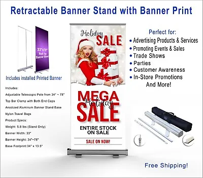 Holiday Sale Christmas Retractable Roll Up Banner Stand With Print 33 X78  • $164.95