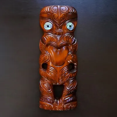 Signed Maori New Zealand Tiki Hand Carved Wooden Shell Mask Plaque Wall Hanging • $149