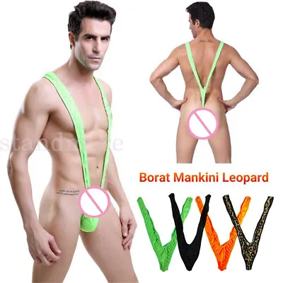 Leopard Skin Mesh Man Sexy Borat Mankini Thong Bodysuit Costume Swimsuit • £3.47