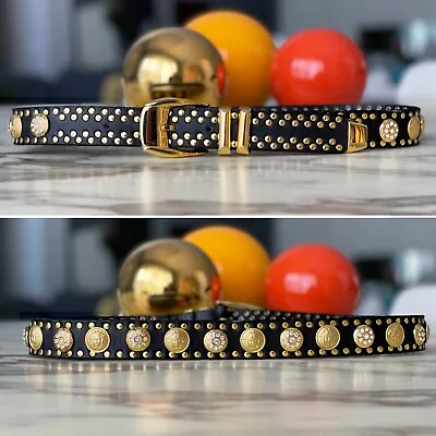 GIANNI VERSACE Belt Leather Studded Rhinestone Medusa Head Size 80/32 From 1993 • $1494.99