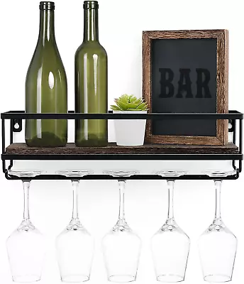Wall Mounted Wine Rack - Bottle & Glass Holder Wood Rustic Floating Racks With S • $29.10