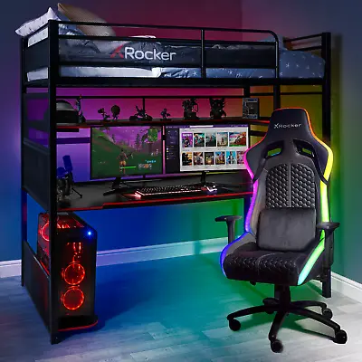 X ROCKER Battle Bunk Single High Sleeper Bed With Gaming Desk Gaming Bed - BLACK • £419.99