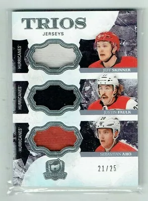 17-18 UD The Cup Trios  Jeff Skinner--Justin Faulk--Sebastian Aho  /25  Jerseys • $39.99