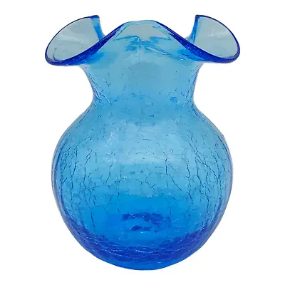 Rainbow Crackle Art Glass Vase - 5  Vtg Mid Century Bright Blue Ruffled Edge • $23.20