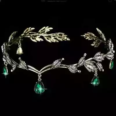 Vintage Bronze Emerald Green Fairy Crown Tiaras Crystal Leaves Elf Tiara • $19.99