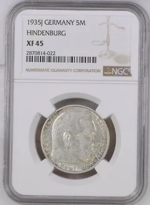 1935 J Germany Silver 5 Mark Ngc Xf45 Hindenburg Good Date • $48.95