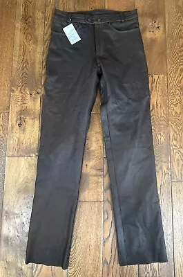 Men's Real Cowhide Waxed Brown Leather Pants Jean Trouser Biker 32 35. NEW • £48