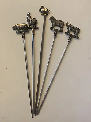 Vtg German Rostfrei Fondue Forks Skewers Stainless & Brass Animals Set Of 5 • $25