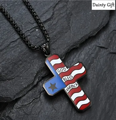 DAINTY Men Women Titanium Stainless Steel God Bless American Flag Cross Necklace • $18.50