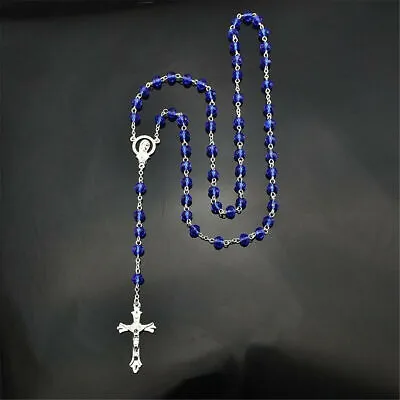 Men Royal Blue Catholic Virgin Mary Crystal Beads Womens Silver Rosary Necklace • $4.31