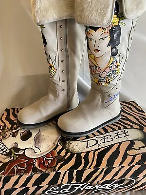 New In Box Ed Hardy Suede Knee Boots Women Size 5 White Gift Style 18FSZ102W • $65