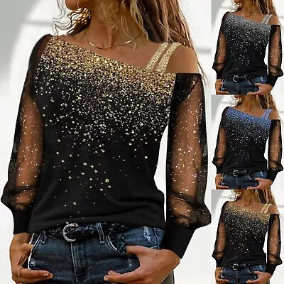 Mesh Tops Loose Shoulder Sequin T Shirt Casual Print Splice Women Blouse • $16.14