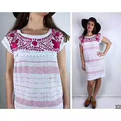 Vintage 70s Fuchsia OAXACAN Embroidered BIRD DRESS Small/M Woven Mexican Crochet • $75