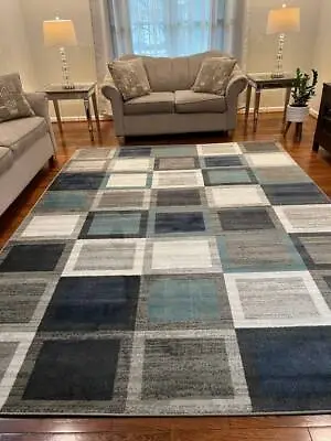 Brand New Luxe Boxes Design 8x115x8 Area Rug 2x8 Runner  In Grey/Blue • $54.99