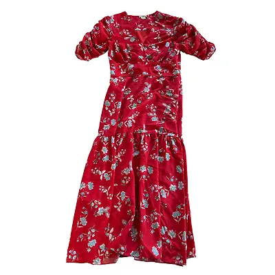 Shoshanna Dress Womens 10 Red White Blue Floral Print Short Sleeve V-Neck Poly • $84.99
