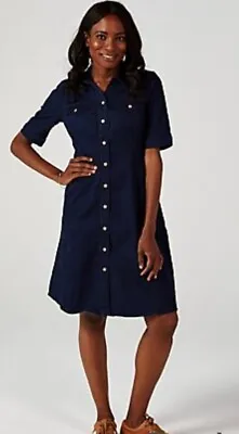 £4.99 • Buy New Elbow Sleeve Button Up Stretch Denim Dress Nina Leonard Indigo LARGE 12 / 14