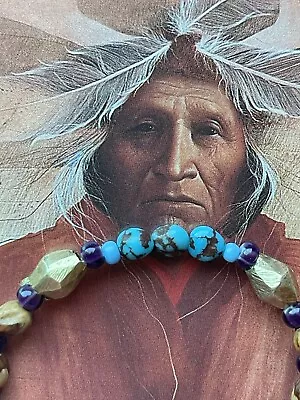 Native American Ghost Bead BraceletPersian Turquoise Rosetta StarsMetal Beads • $33.99