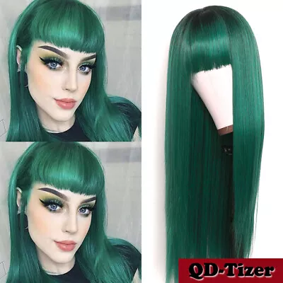 Ombre Green Long Straight Synthetic Wigs Full Bangs Heat Safe Cosplay Party Wig • $14.90