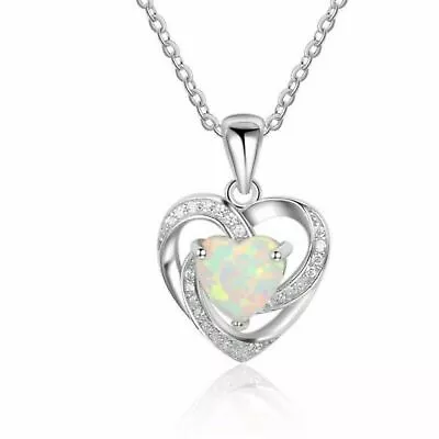 Heart White Created Opal 925 Sterling Silver CZ Necklace • $44.74