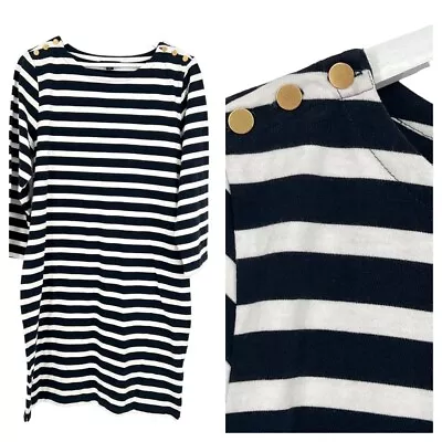 J. Crew Cotton Knit Shift Dress Size M Navy White Stripe Gold Button Nautical • $29.95