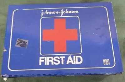 Vtg Wall Mount Johnson And Johnson First Aid Kit Blue Metal Box 8161 W/contents • $14.99