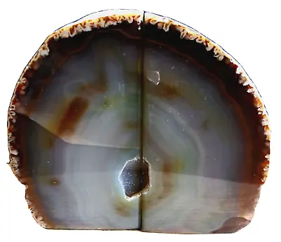 £25 • Buy Banded Agate Drusy Bookends Green / Brown Cut Base 92mm