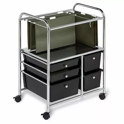 Black Rolling Metal Hanging File Cart Mobile Storage 5 Bins Office Organizer • $134.90