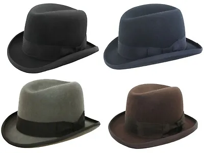 Mens Wool Homburg Hat High Quality Classic Felt Churchill Hat 4 Colours 4 Sizes • £33.99