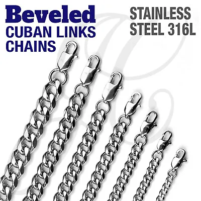 Stainless Steel 316L Beveled Cuban Links Necklaces Chain Men Women Silver Color • $13.75