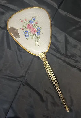 Antique Ornate Hand Mirror Brass Handle Floral Lucite Roses Vintage See Photos • $8.97