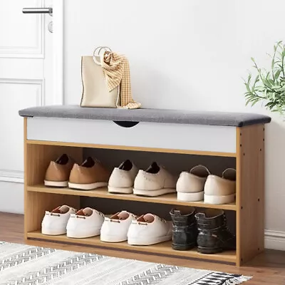 Wooden Bench Shoe Rack Storage Cabinet Cupboard Organiser Cushion Seat Hallway • £39.95