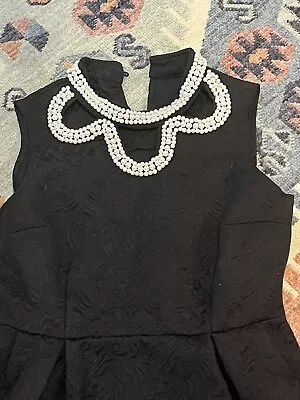 Black Brocade  Dress Pearl Neckline Fit And Flare Jackie O Style XS • £14.47